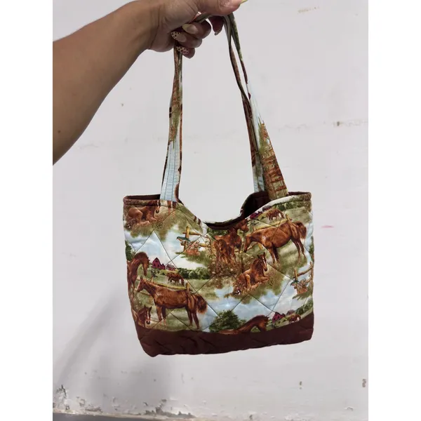 Handmade Quilted Horse Print Tote Bag Brown Equestrian Scenic Shoulder Bag - Image 6