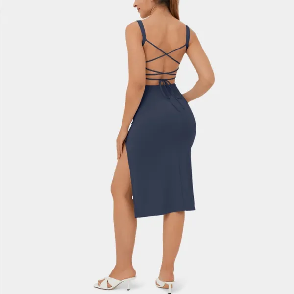 Halara Ruched Backless Crisscross Lace Up split Bodycon Midi Casual Dress - Image 2