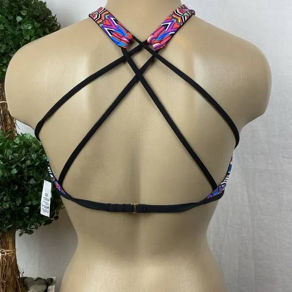L*Space Black Multi Print Halter Bathing Swim Suit Bikini Top L - Image 3