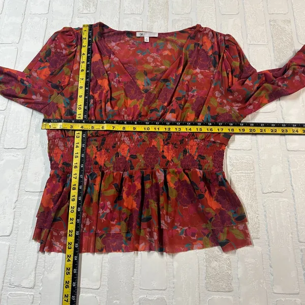 DR2 Babydoll Blouse Womens XL Smocked‎ Waist Peplum Stretch Floral Peasant Boho - Image 3