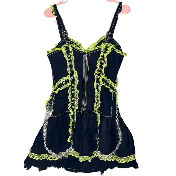 Black And Green Dress With Chains Green and Black Laced Corset Dress DOLLS KILL Goth RARE - Image 2