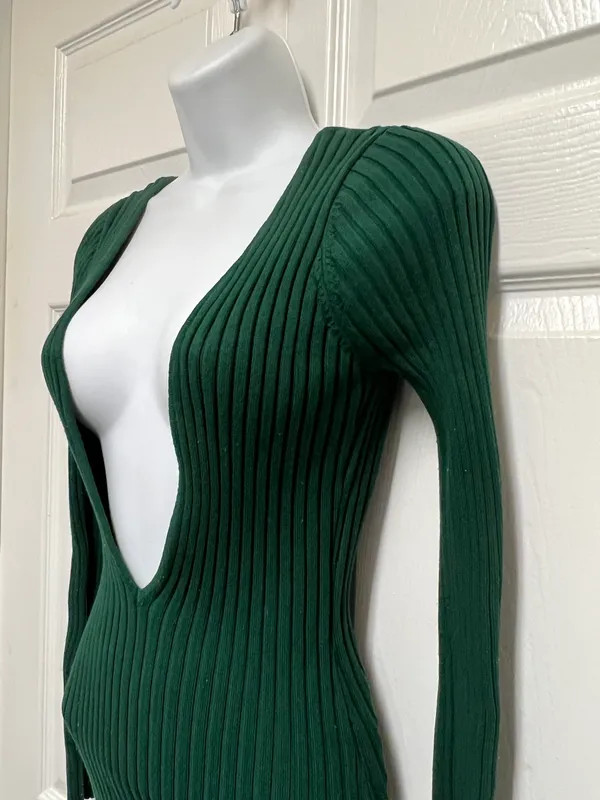 Hunter Green Deep V Neck Ribbed Dress - Image 6