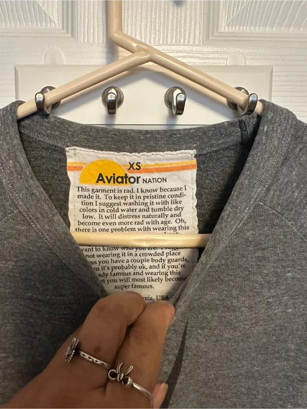 Aviator Nation Gray Off-Shoulder Sweatshirt with Black Lightning Bolt - Image 4
