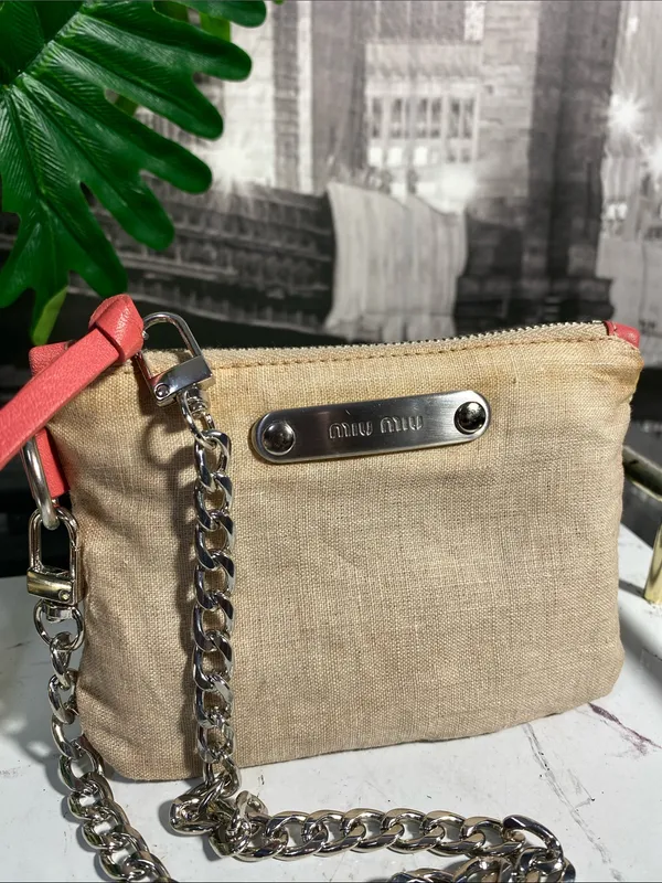 Authentic Miu Miu Beige Linen Pouch with Coral Trim - Image 2