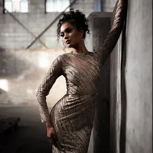 Mac Duggal 5240 Womens Long Sleeve Beaded Column Gown Dress Mocha - Image 3