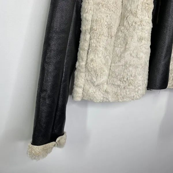 FC Jeans Women Faux Fur Lined Moto‎ Jacket Black Cream Sz 6 Sherpa Vegan Leather - Image 3