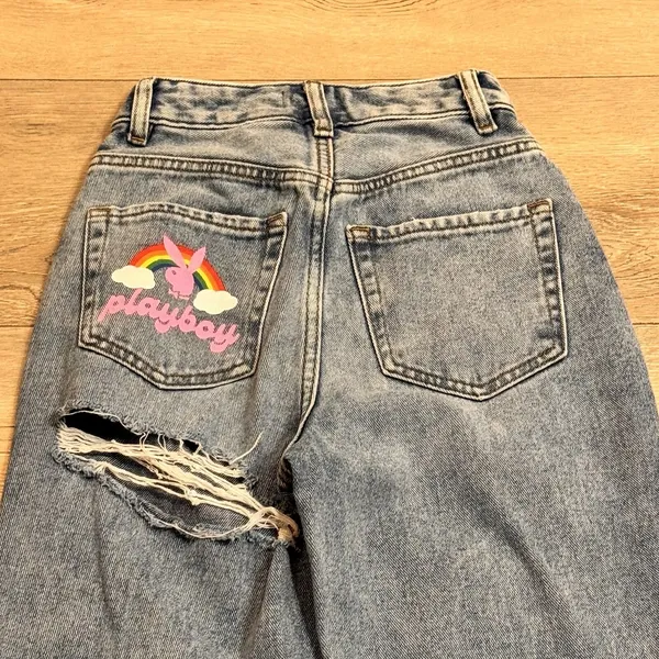 Pacsun‎ Playboy Jeans Womens 22 Blue Denim Straight High Rise Rainbow Bunny - Image 3