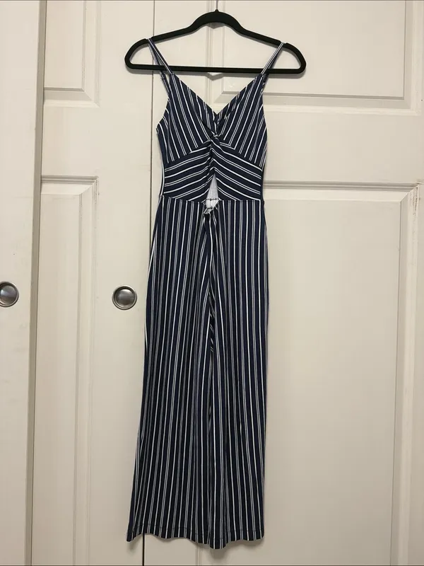 Hollister Navy & White Vertical-Striped Knot Waist Jumpsuit - Image 3
