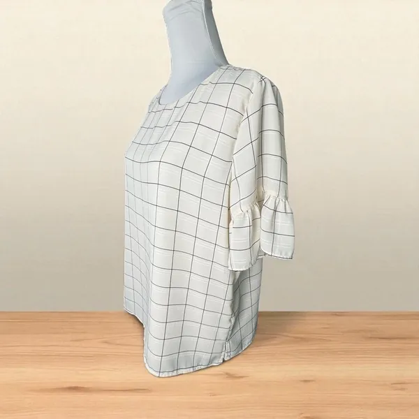 LOFT Top Sz M Ivory Plaid Round Neck Short Sleeve Keyhole Back Peplum Lined - Image 2