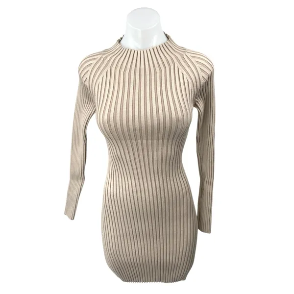 Lush Nude Pink Beige Ribbed Knit Long Sleeve Cut Out Mini Bodycon Dress Size M - Image 2