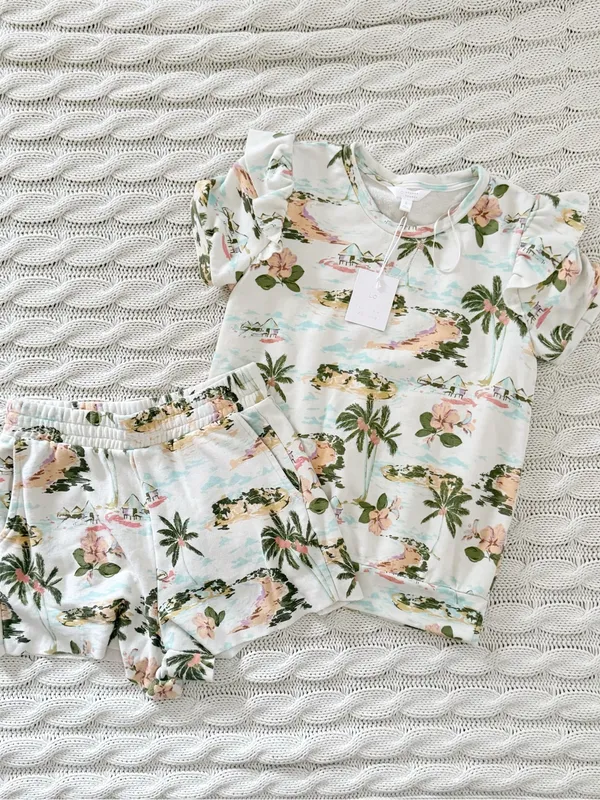 LC Lauren Conrad Cream Tropical Print Short Sleeve Top & Shorts Set - Image 2