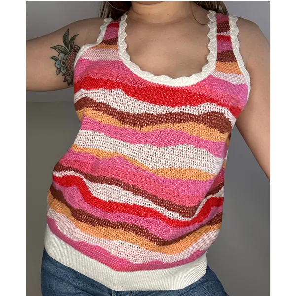 LOFT Knit Pink and Orange Color Block Wave Tank - Image 2