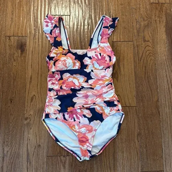 Kona Sol ruched tummy control ruffle sleeve floral one piece swimwear small 4/6 - Image 3