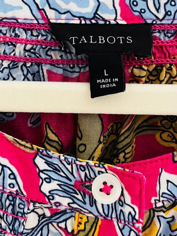 Talbots Sz L Pink Pleated Sleeve Top - Lively Floral Button Down - Image 3