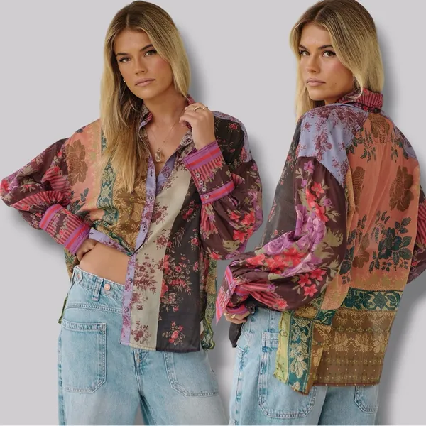 Free People Bohemian Patchwork Flower Patch Top Berry Combo Oversized Small Fall - Image 7