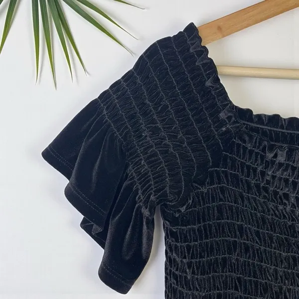 Urban Outfitters Clara Off-The-Shoulder Smocked Velvet Dress in Black - Image 12