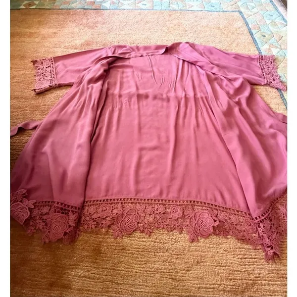 Pink Lace Trim Kimono Robe Sheer Tie Waist Lightweight One Size - Image 5