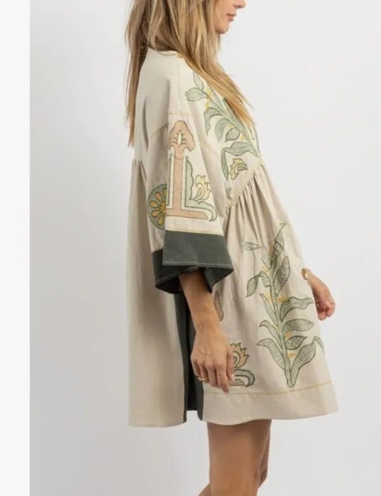 Womens Oversized Embroidered Dress with V-Neck and 3/4 Sleeves Vintage Embroidery Babydoll Dress - Image 3