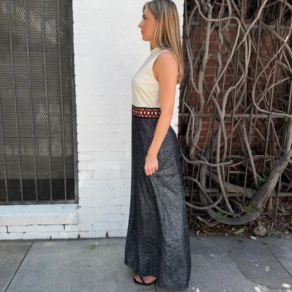 American Vintage 1970s Mod Vintage Sparkly LAME Maxi Peek A Boo hostess dress sz L / ptp 18, length 57 - Image 3