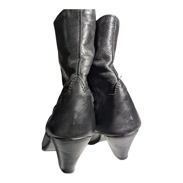 Vtg 1980s Black Leather Scalloped Detail Pointed Toe Block Heel Western Boots 7 - Image 3