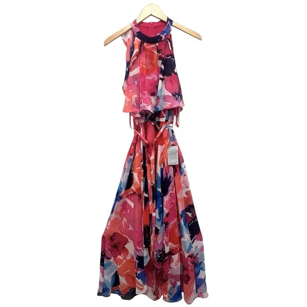 Eliza J Floral Halter Neck Popover Floral Maxi Dress Pink Multi Mock Size 10 - Image 3