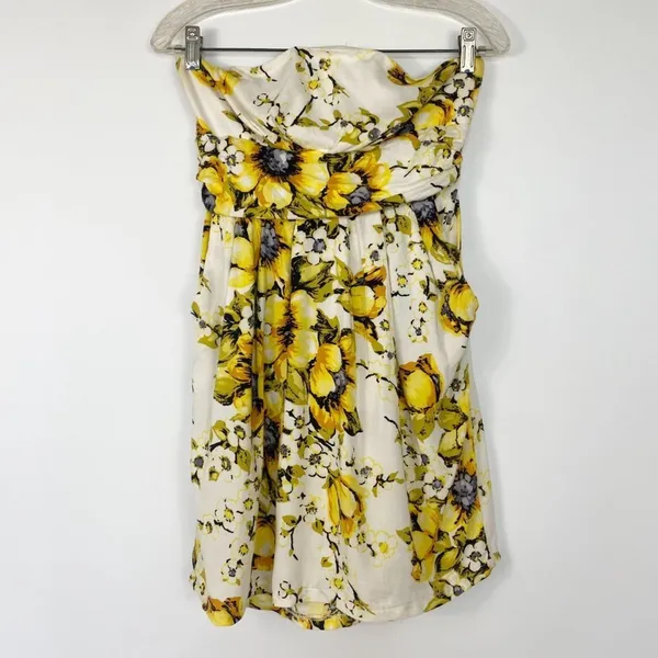 Forever 21 Flower Print Strapless Mini Dress Cream Yellow Sundress Womens L - Image 2