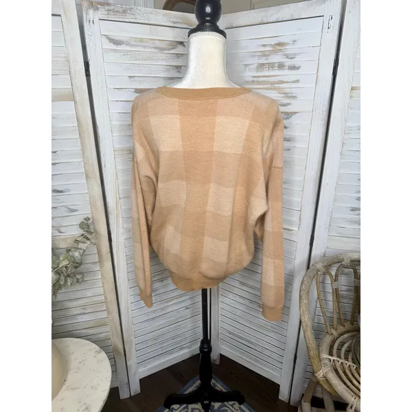 MADEWELL Women's XL Merinol Wool Windowpane Plaid Pullover Sweater Camel Tan - Image 5