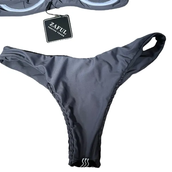 NEW Zaful Gray Smocked Shirred Bowknot Underwire V Cut Two Piece Bikini Set - Image 7
