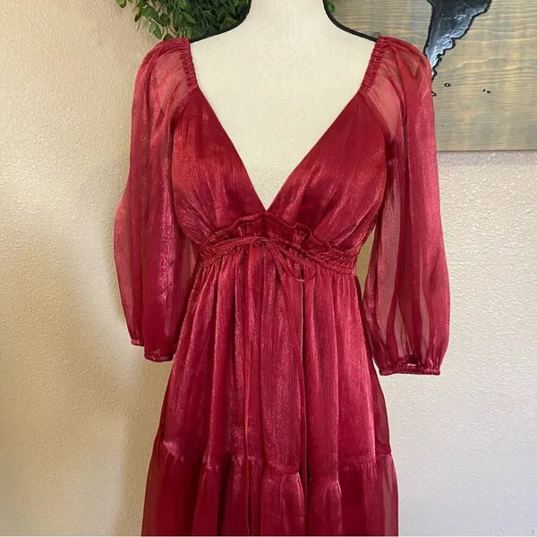 NWOT Lulus Romantic Appearance Wine Red Organza Tiered Midi Dress - Image 8