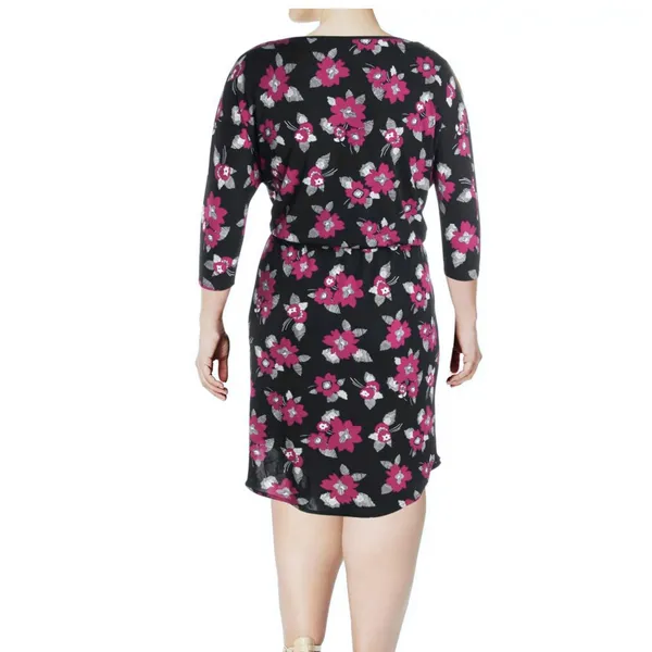 NWT Ralph Lauren Purple Black‎ Floral Tie Waist 3/4 Sleeve Stretch Dress Size 1X - Image 2