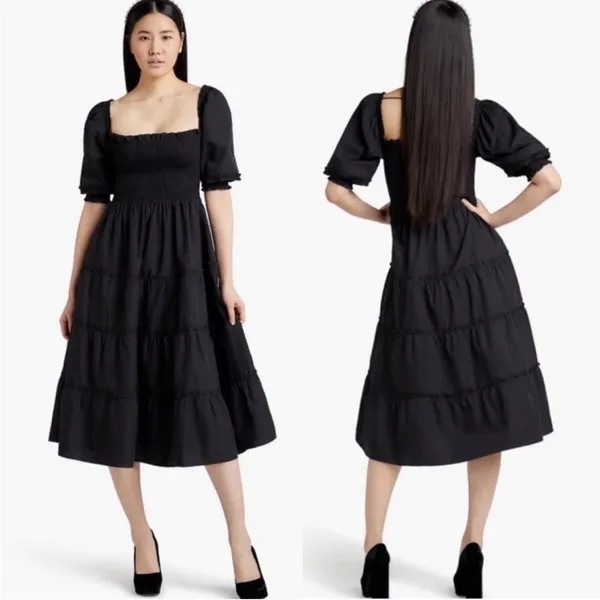 Hill House Nesli Nap Dress Short Puff Sleeve Swiss Dot Tiered Midi Black Small S - Image 2