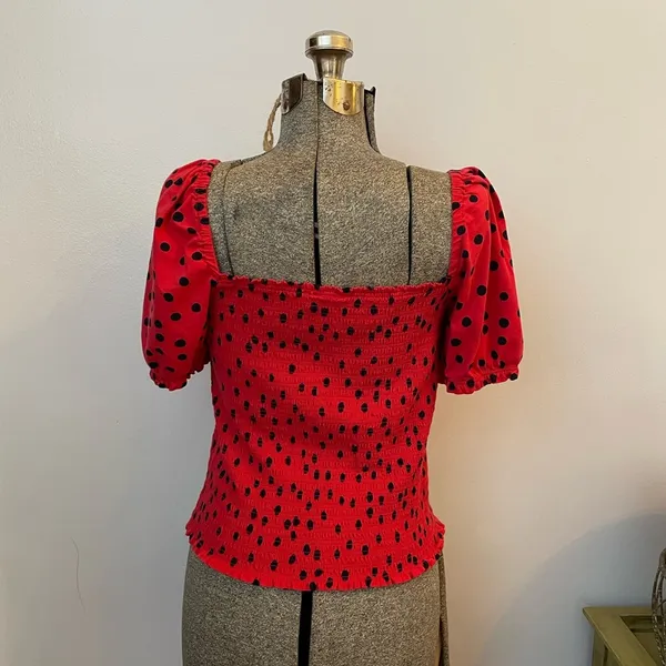 Anthropologie Dolan Polka Dot Smocked Puff-Sleeved Boho Top - Size Medium - Image 7
