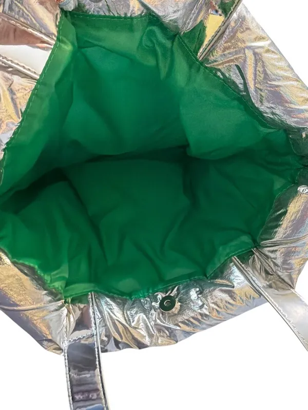 Clinique Silver Metallic Puffer Style Tote Green Interior Snap Closure NWOT - Image 5