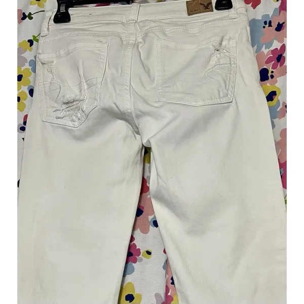 American Eagle jeans Size 00 White Stretch Denim Distressed Ripped Classic - Image 7