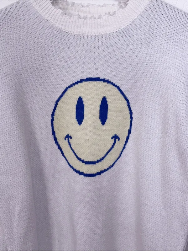 Miss Sparkling Smiley Face Graphic Distressed Knit Crewneck Sweater - Image 3