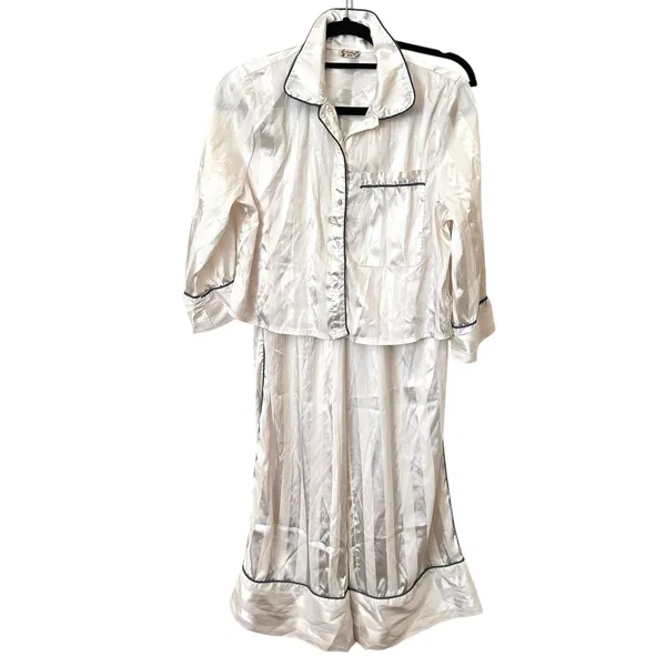 FREE PEOPLE Satin Striped Wide Leg‎ Pajama Set White Small - Image 2