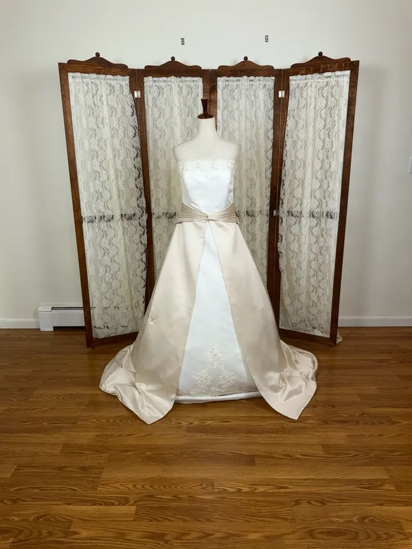 Beautiful Vintage 90s Michaelangelo Strapless Two-Tone Satin Wedding Gown - Image 9