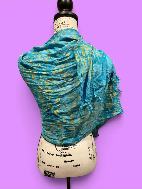 Source Unknown Cute Y2K aqua celestial batik 90s fringe oversized scarf wrap shawl festival - Image 2