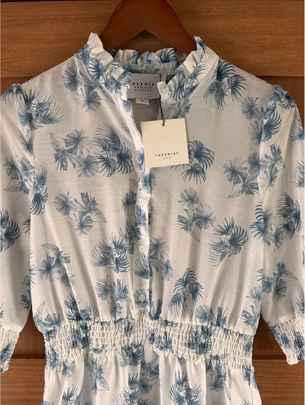 NWT The Shirt Rochelle Behrens Tiered Mini Dress White Blue Floral Women’s Small - Image 6