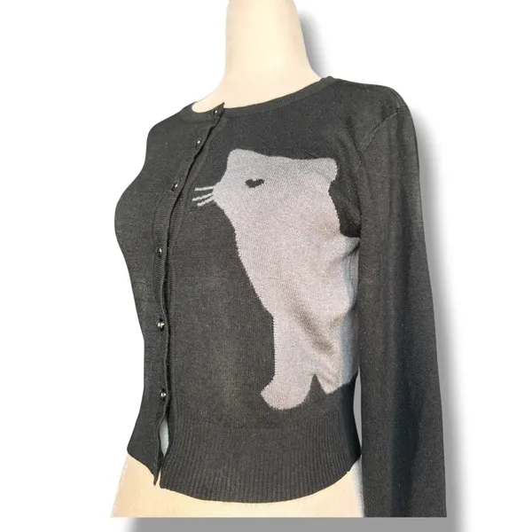 Collectif London Jessie Cropped Cardigan Sweater Novelty Rockabilly Cat Heart - Image 2