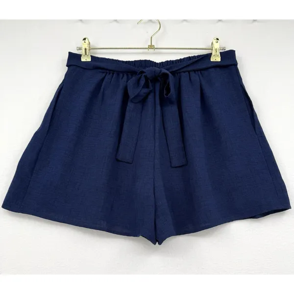 Elodie Tie Waist Shorts Blue High Rise Elastic Waist Casual Summer Flowy Size L - Image 2
