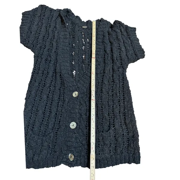 Free People Black Knit‎ Distressed Button Front Short Sleeve Cardigan Sweater - Image 5