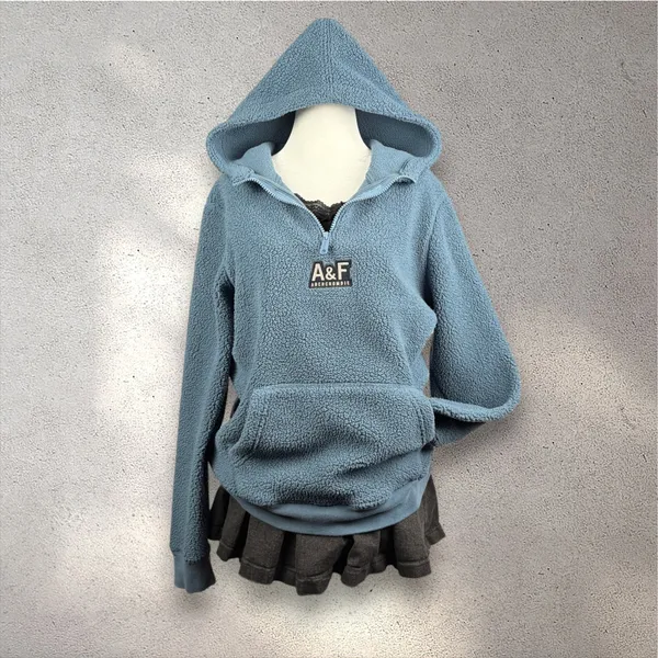 Abercrombie Fitch Sherpa Fleece Hoodie Kids 15/16 Blue Embroidered Winter Casual - Image 3