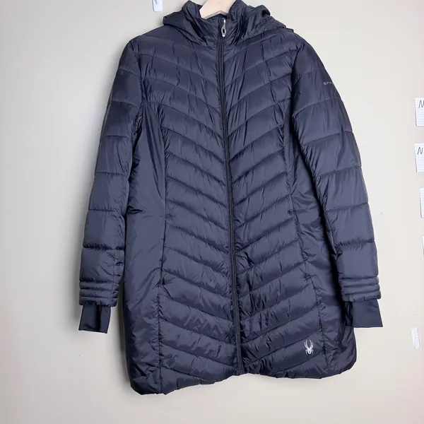 Spyder Puffer Jacket Women's Winter Long Hooded Full Zip Quilted Large Black - Image 14