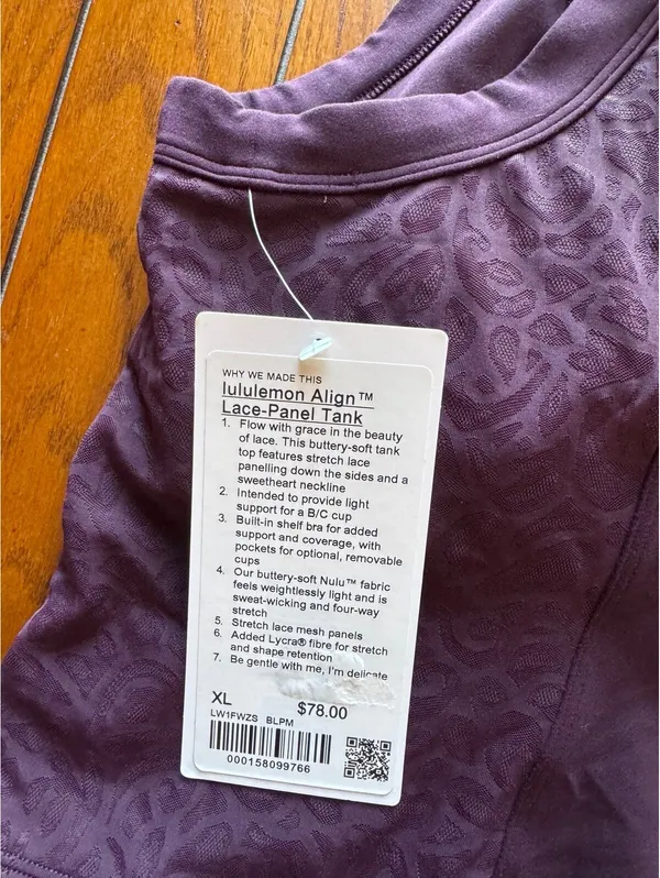 Lululemon Align Lace-Panel Tank Padded Black Plum Size XL/Size 12 NWT - Image 4