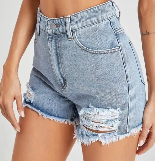 SheIn High Waist Ripped Raw Hem Denim Shorts - Image 4