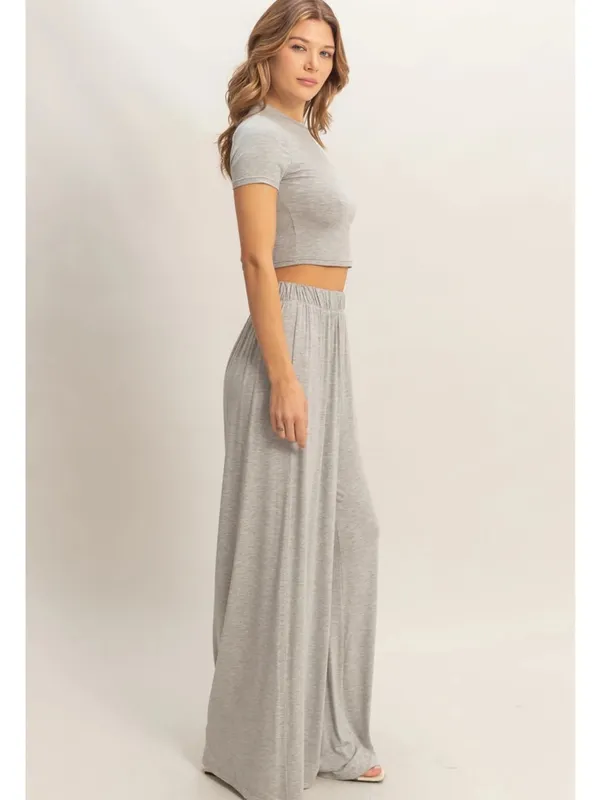 HYFVE Heather Gray Wide Leg Lounge Set Large 2 Piece Crop Top Pants - Image 3