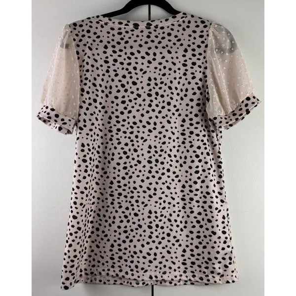 Tan Beige Black Dalmatian Print V Neck Blouse Sheer Swiss Dot Mesh Puff Sleeve S - Image 3