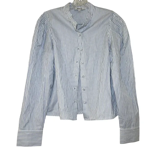 NWT Madewell Puff-Sleeve Button-Up Shirt blue white striped women's s nautical - Image 2