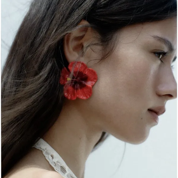 Zara Red Hibiscus Flower Floral Earring Set Gold‎ Bohemian Resort - Image 2